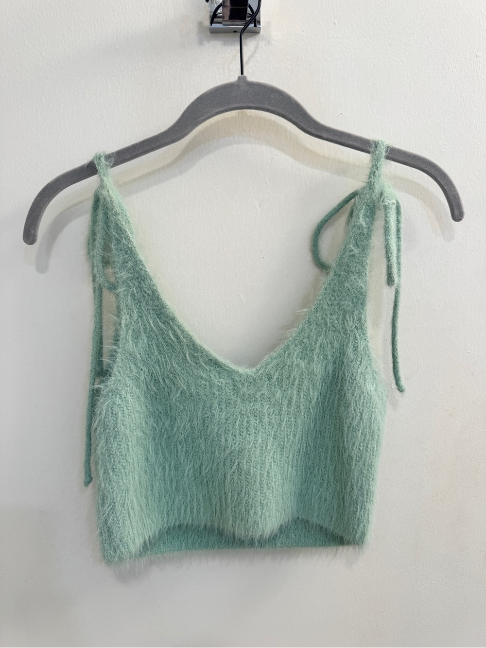 Zara Fuzzy Tie-Shoulder Cropped Tank Top - Sage Green